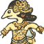 Wayang puppet character with a long nose, wearing ornate gold clothing and a decorative headdress