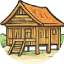 Traditional wooden house on stilts with a gabled roof and small staircase