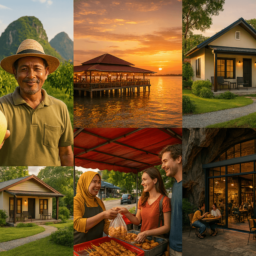 Collage of travel scenes including local people, street food, waterfront dining at sunset, and holiday cottages